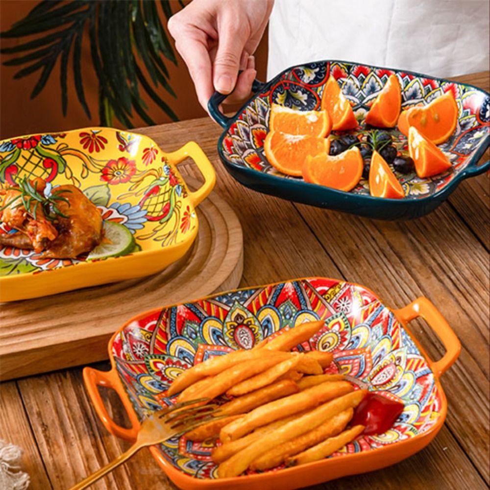 Квадратная богемская керамическая тарелка с бинауральной ручкой, фруктовая тарелка, креативная салатница для духовки