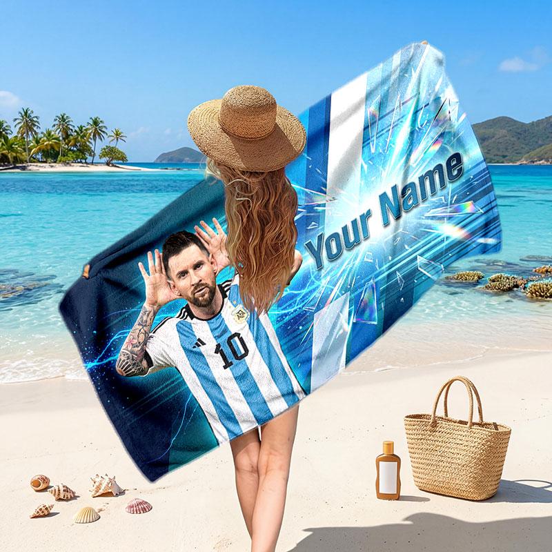 Lionel Messi Custom Beach Towel, Personalized Name Text Print, Football Logo Soft Quick‑Dry Towel Holiday Gift