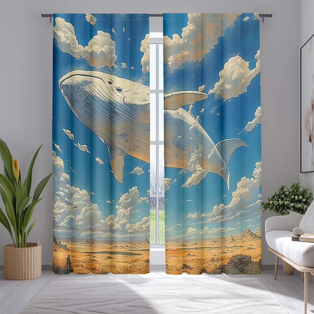 2pcs Classic Style Sky Whale Fantasy Blackout Drapes, Polyester Animal Clouds Curtains for Living Room