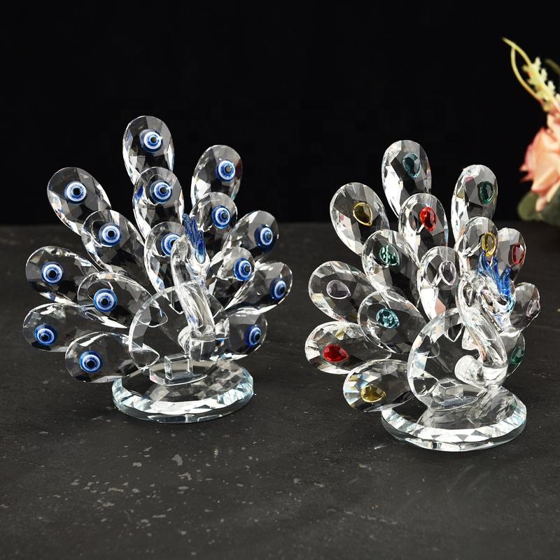 Crystal Colorful Etched Ornament Peacock Artificial Animal Figurine Handmade Christmas Wedding Gift Living Dining Table Decor