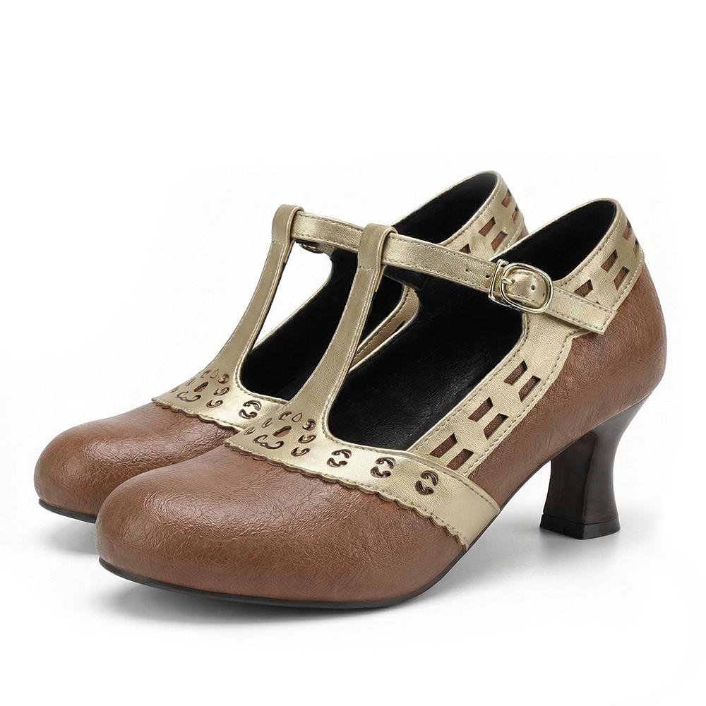 Женские Туфли-лодочки на ремешке-Т Киттен Хиллс Вырезанные из ПУ Обувь Маленькие Большие Размеры 32 50