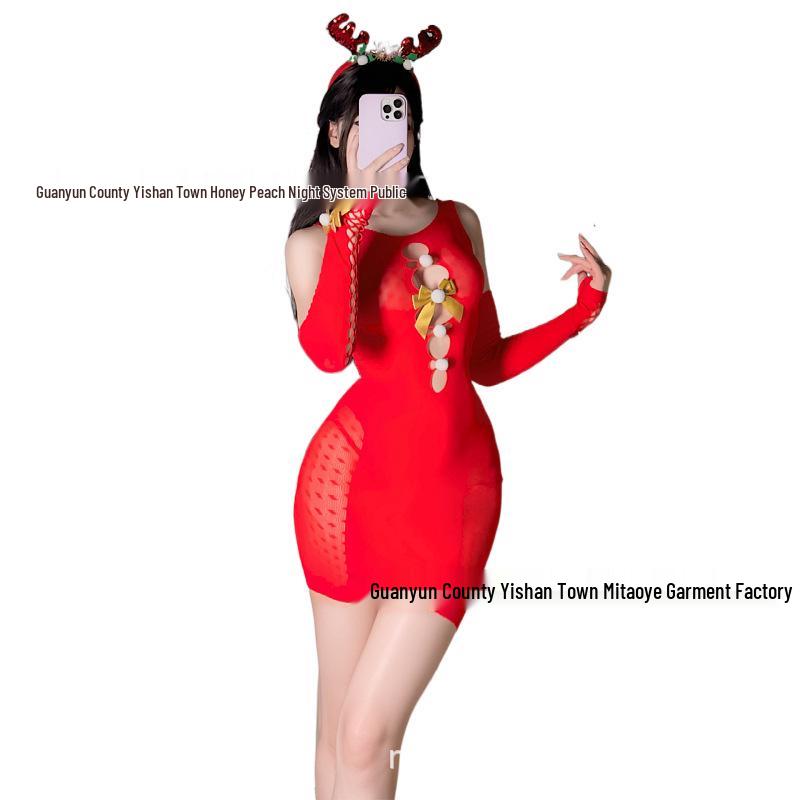 Festive Mesh Lingerie Dress: See-Through Cutout for Halloween & Christmas