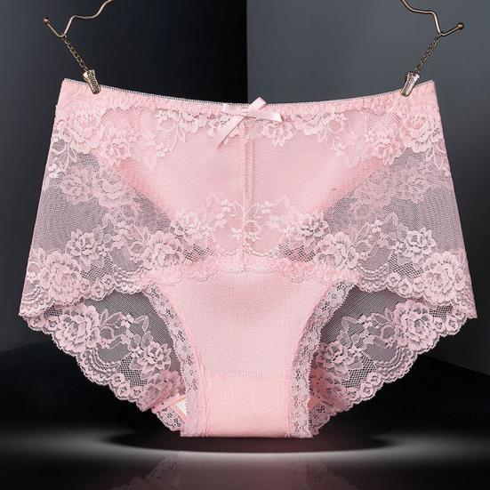 Women Underpants Hollow Out Super Breathable Soft Solid Color Mid Waist Anti-septic Elastic Flower Embroidery Lace