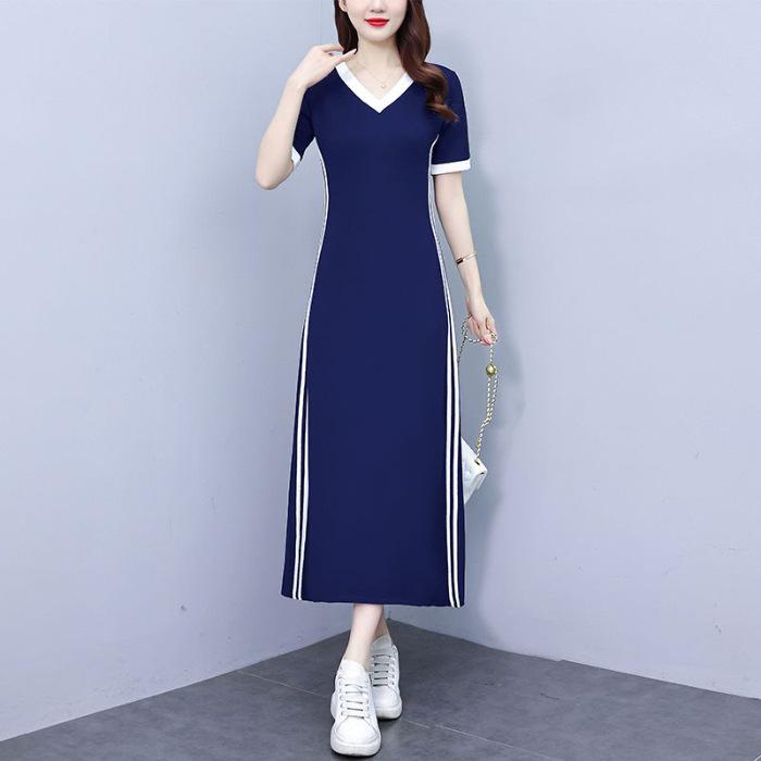 New V-neck A-word Skirt Casual Temperament Cover The Belly, Reduce The Age and Close The Waist Super Long Sports Dress Women's Black