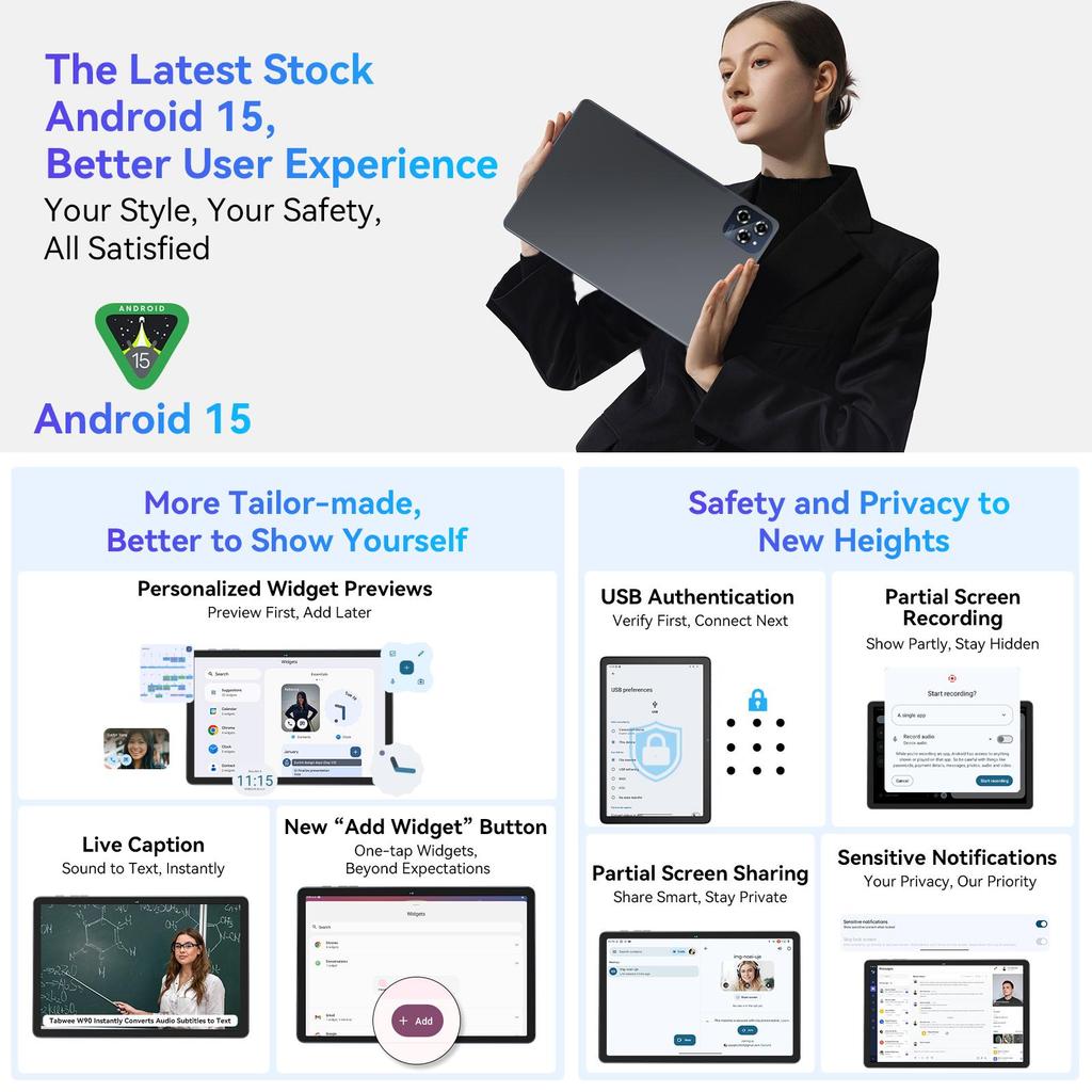 TABWEE 2025 W90 11-дюймовый планшет Android 15, 24 ГБ ОЗУ 256 ГБ памяти(2 ТБ ТФ),Большой дисплей Widevide L1, восьмиядерный T615, 8000 мАч, 5G WiFi, 4G LET, 18 Вт