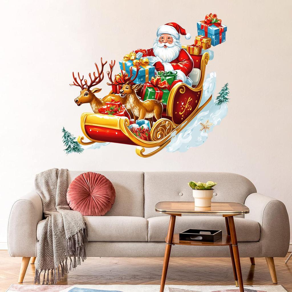 Рождественские наклейки на стену с оленьей упряжкой и Санта-Клаусом с подарками для украшения дома