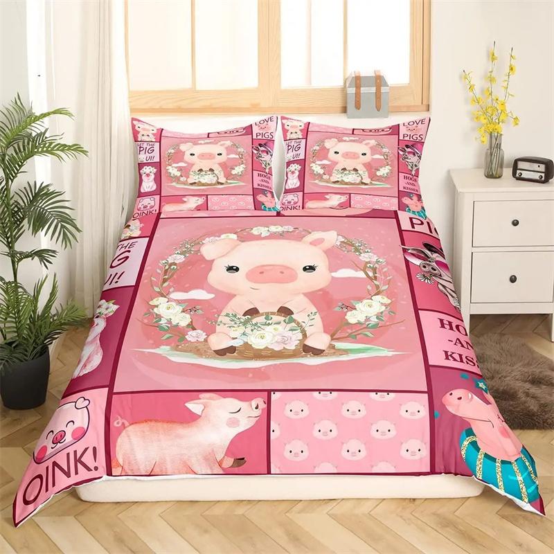 Premium Pink Pig Comforter Cover Cartoon Pig Pattern Bedding Kawaii Animal Sweetheart Floral Print Duvet Cover Children Boys Room Decor