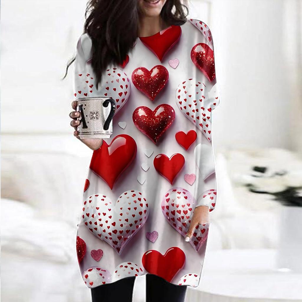 Женский модный повседневный топ с длинным рукавом и круглым вырезом ко Дню святого Валентина с принтом в виде сердца