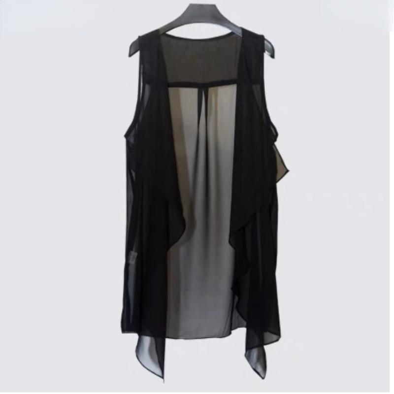 Шифоновые жилеты женские праздничные уличные однотонные черные милые тонкие летние универсальные феи верхняя одежда сексуальная длинная драпированная винтажная открытая строчка