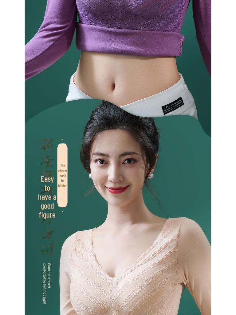 Женское термобелье из немецкого бархата: Плотный кружевной топ с V-образным вырезом и нагрудными накладками, длинные рукава, бесшовный, теплый.