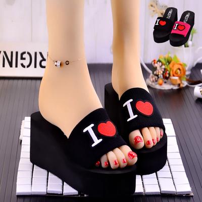 Летняя мода Love женские тапочки на танкетке свободные пляжные женские тапочки на платформе на высоком каблуке однотонные летние туфли