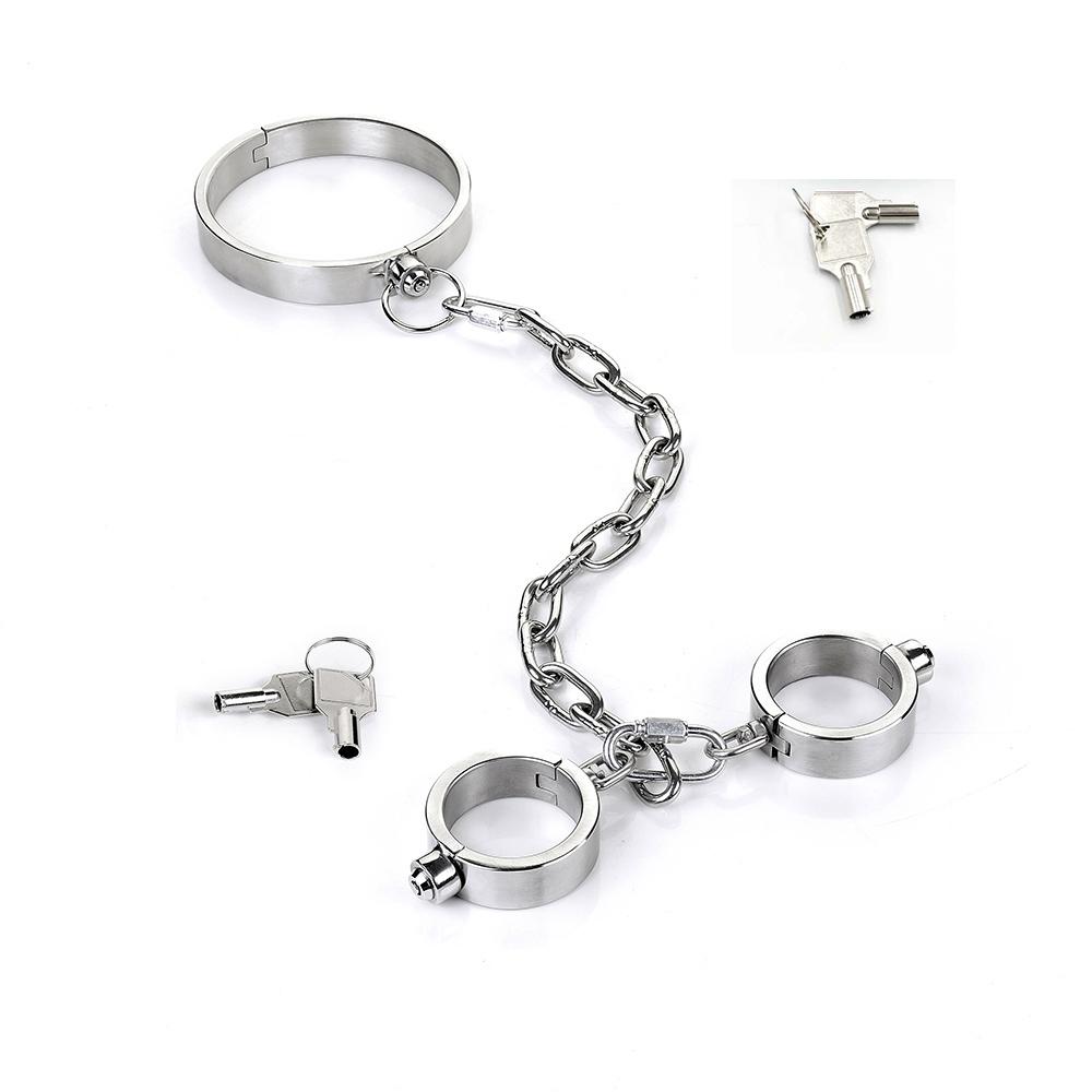 Тяжелые наручники из нержавеющей стали и ножные кандалы, набор, рабский ограничительный комплект, металлический ошейник, съемные наручники, секс-игрушки для пар