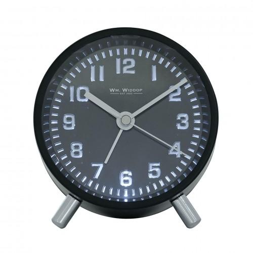 Wm.Widdop Round Alarm Clock Sweep Movement with Silver Hands & Feet - Black