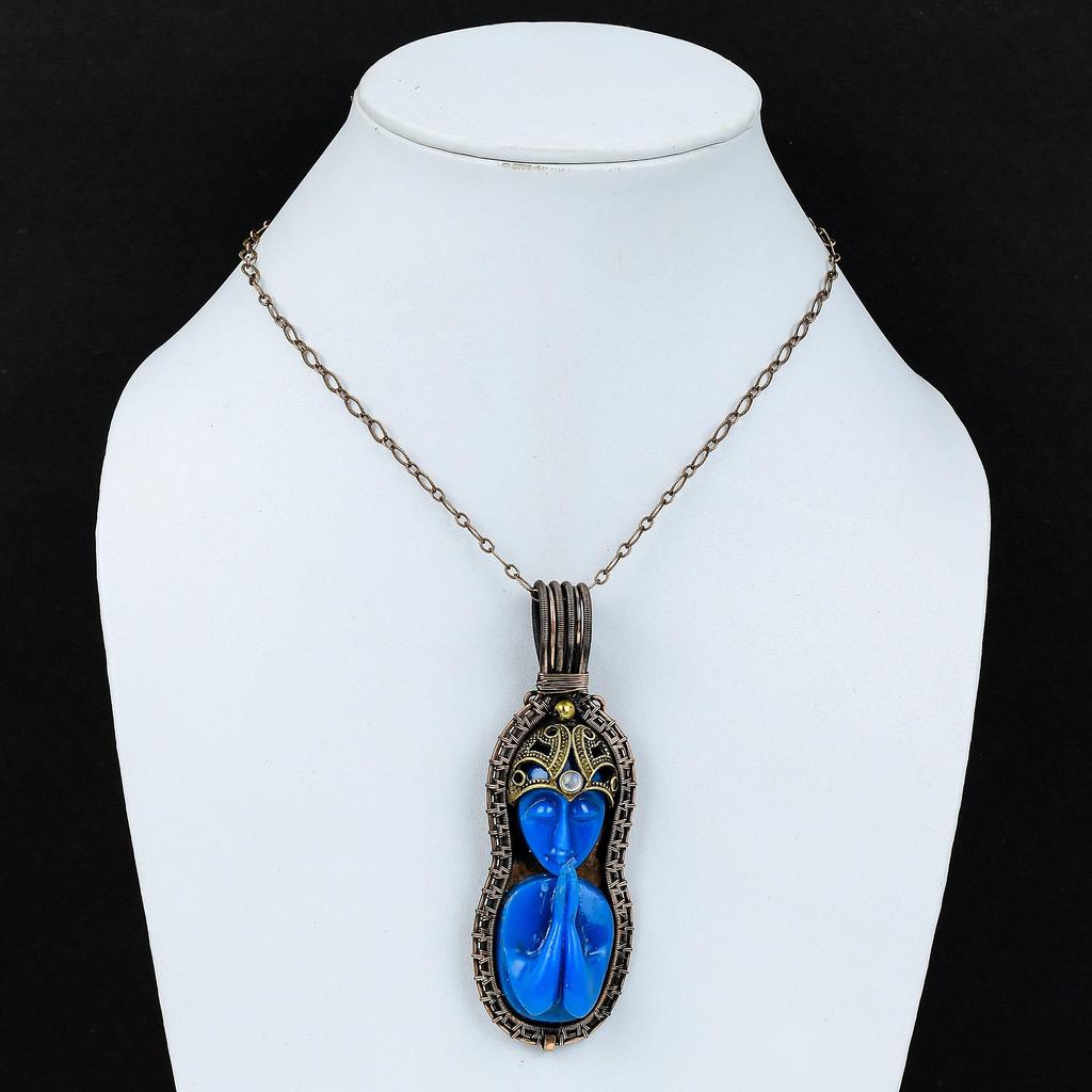 Синий молящийся женский драгоценный камень из чистой медной проволоки, завернутый в подвеску ручной работы, ювелирные изделия