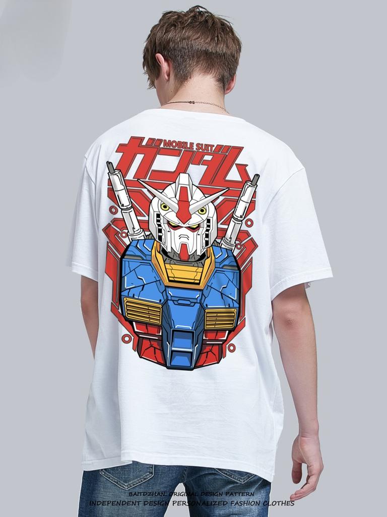 Футболка с коротким рукавом и принтом Gundam 2025 Лето Мужская Модный Бренд Мультяшный Принт Чистый Хлопок Свободная Молодежная Футболка с Круглым Вырезом
