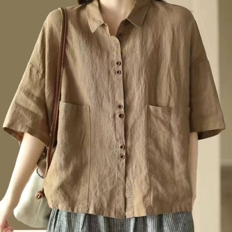 Ретро хлопково-льняная рубашка с коротким рукавом женская летняя новая рубашка большого размера свободная повседневная универсальная с воротником поло