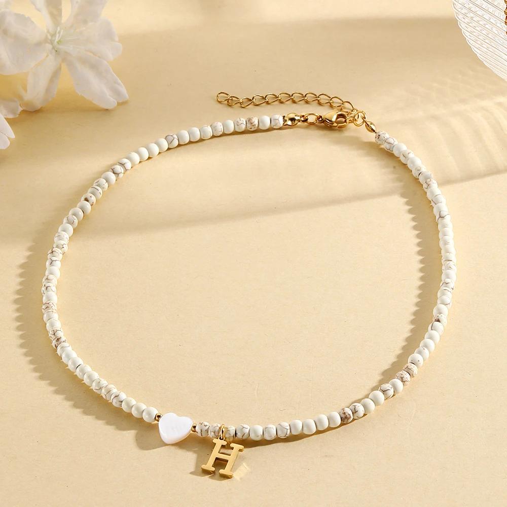 Bohemian Choker Neck Initial Necklaces Heart-shaped Shell Letter Pendant Beads Women's Stainless Steel Necklace Woman Trend2025