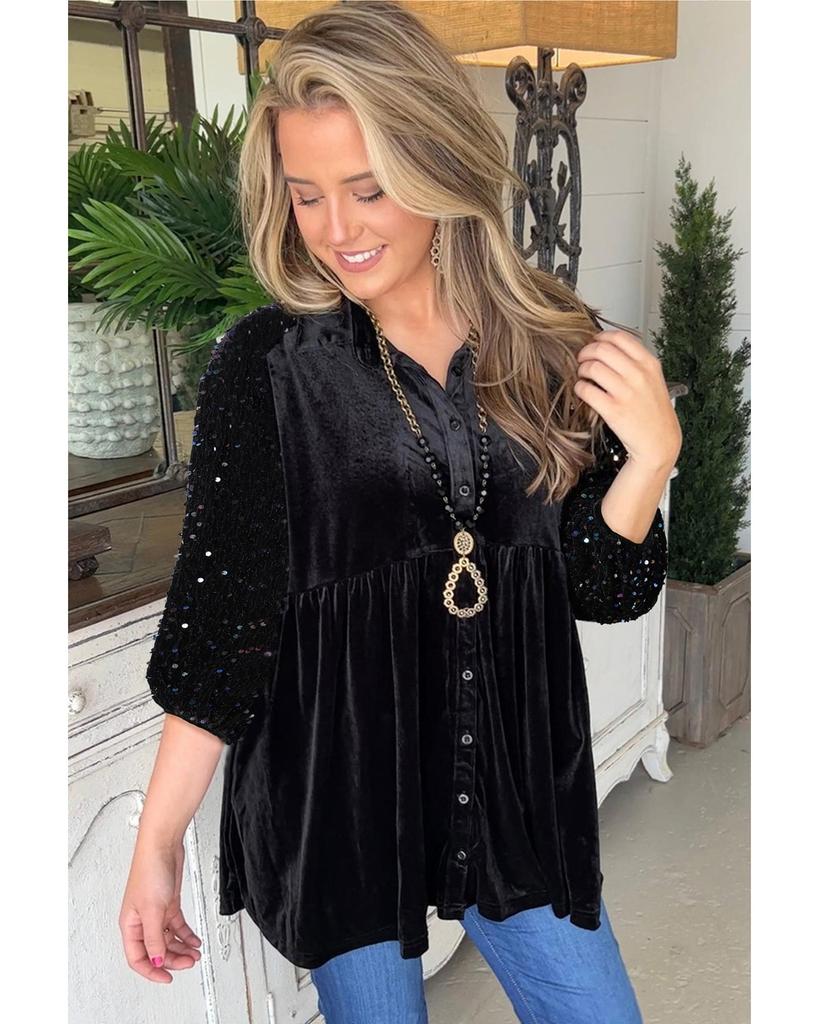 Azura Exchange Черная бархатная рубашка с баской и рукавами-фонариками, расшитыми пайетками