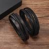 Men's Unisex Leather Bracelet with Magnetic Clasp - Multi-layer Braided Design In Black Plated Alloy.