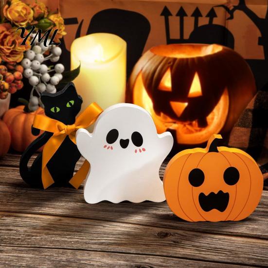 Rustic Farmhouse Halloween Table Decorations 3Pcs/Set Tiered Tray Decorations, Cute Ghost Pumpkin Black Cat Gift for Home Ornaments, Wooden