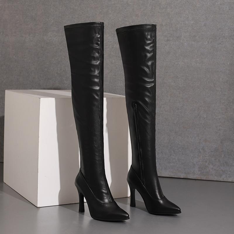 Сапоги женские, мягкие, эластичные, тонкие, выше колена, черные, белые, на высоком каблуке, туфли для вечеринок, женские, большой размер 50