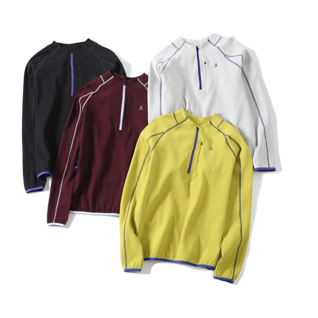 Mountain-Style Unisex Autumn Waffle Knit Half-Zip T-Shirt: Color-Block, Snap Button, Loose Fit, Breathable Long Sleeves