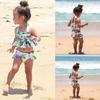 Charming 2pcs Girls Ruffle Floral Bikinis Set Featuring Adorable Flamingo Design