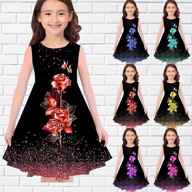 Girls 3D Golden Rose Kids Girl Party Sleeveless Princess Dress Tank for Girl Over Four Years