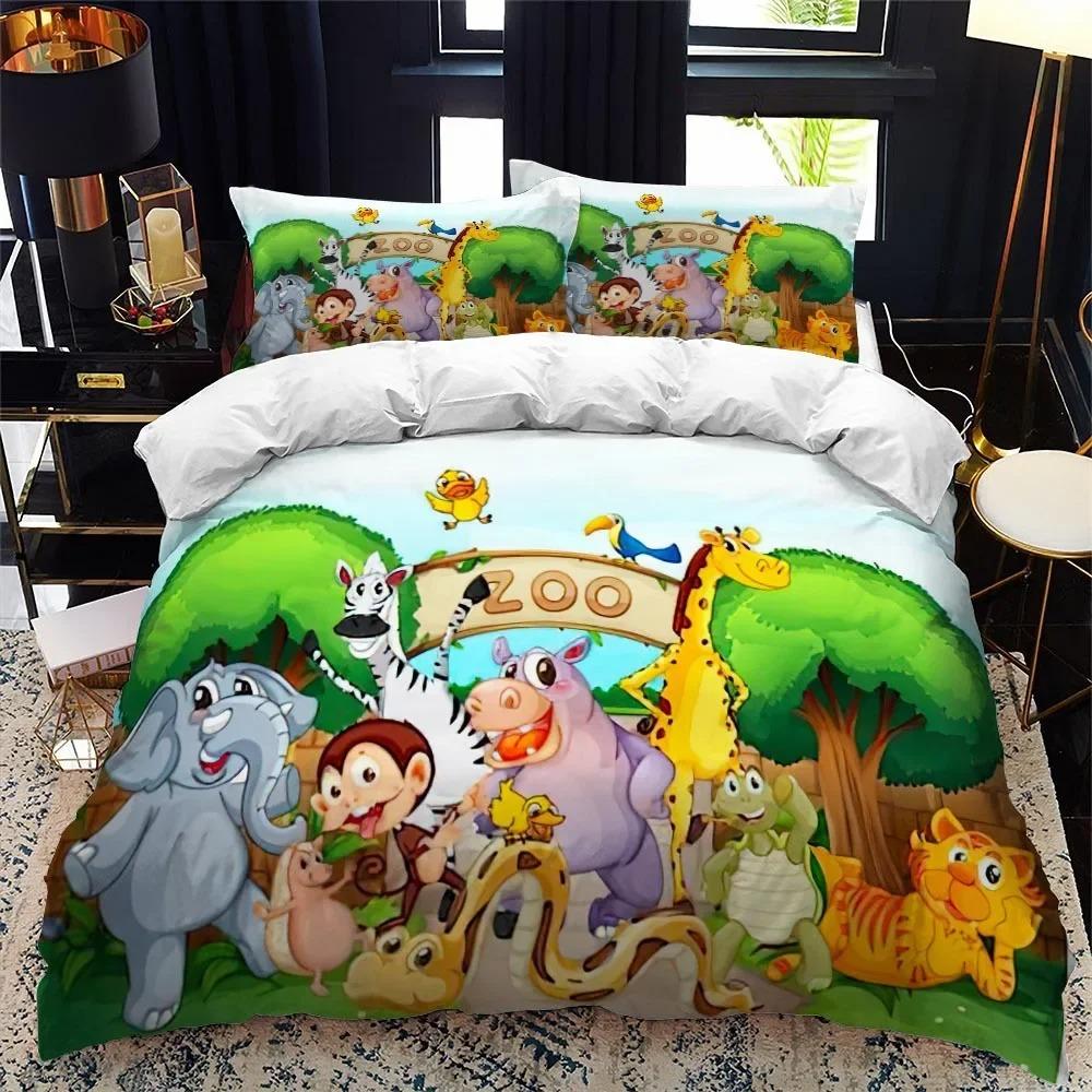 Cartoon Animal Duvet Cover King Queen Zoo Tiger Elephant Lion Bedding Set Kids Colorful Wildlife 2/3pcs Polyester Quilt Cover