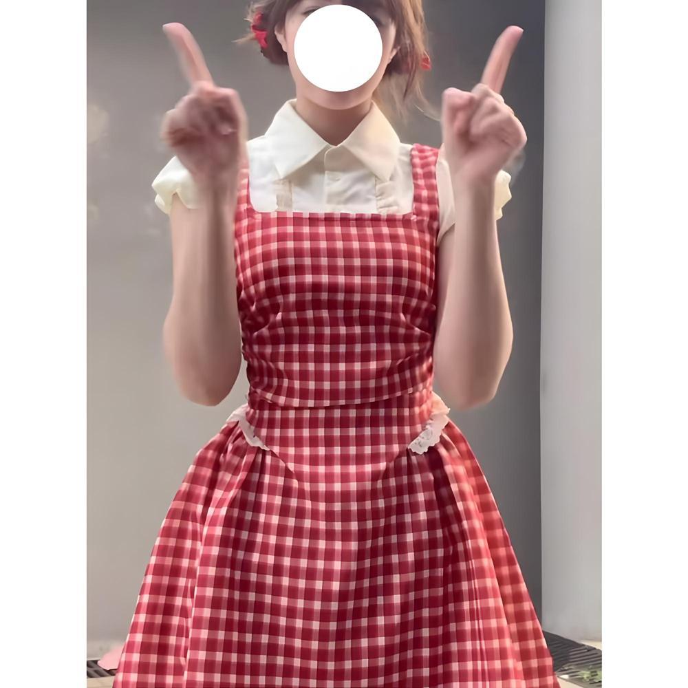 Милое платье-сарафан с эффектом двухслойной рубашки, детское летнее в стиле колледжа, с рукавами-буфами и клетчатой юбкой