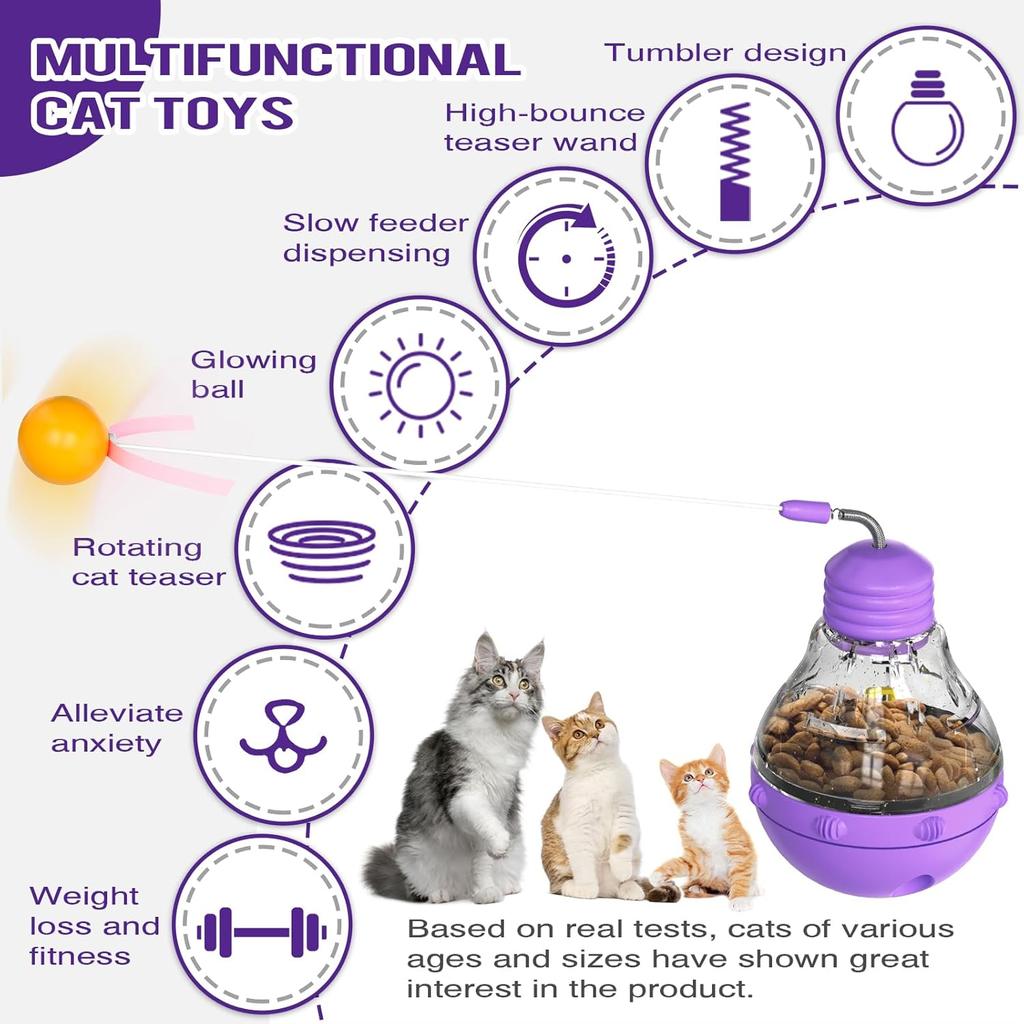 FOXLVDA Interactive Cat Toy for Indoor Cats, Cat Treat Puzzle Feeder Toy-Cat Treat Dispenser, Engaging Tumbler Design with Teaser Wand, Durable,