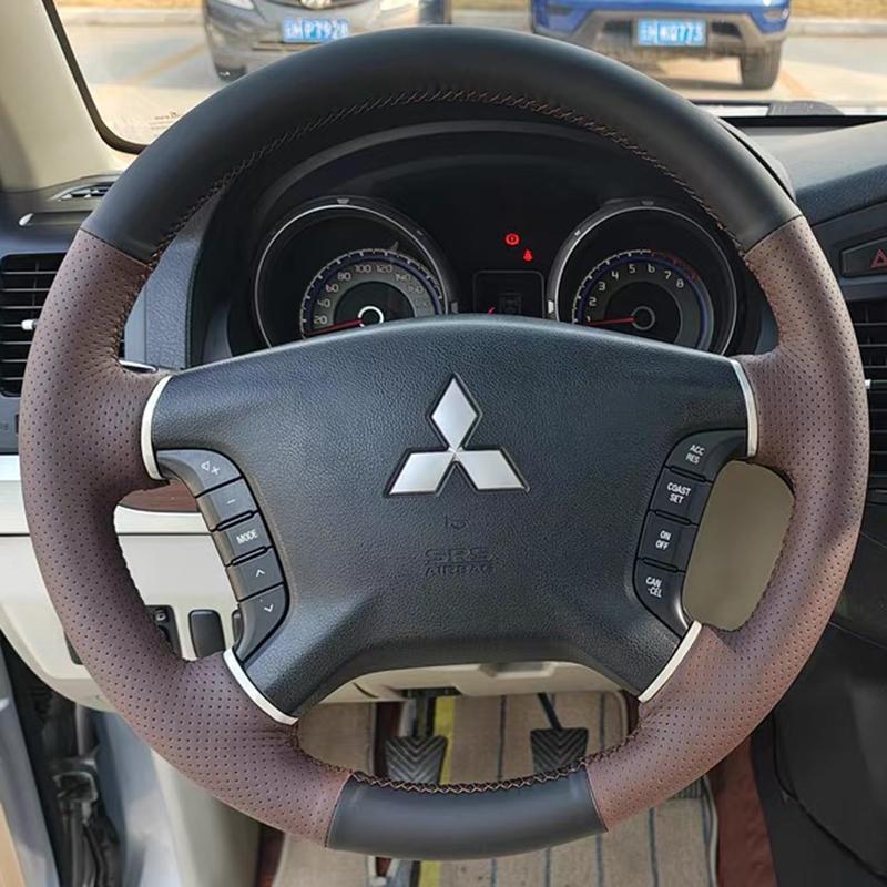 cwvc7 for Mitsubishi Pajero 2007-2014 Galant 2008-2012 Hand-Stitched Black genuine Leather Peach wood grain Car Steering Wheel Cover