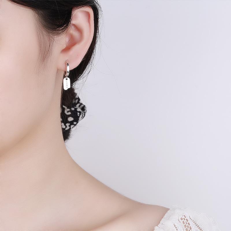 S925 Sterling Silver Asymmetric Letter LUCKY Tag Ear Buckle Japanese and Korean Style All-match Earrings Women