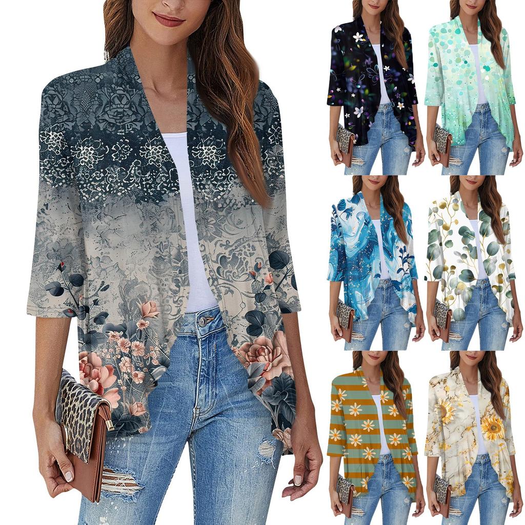 Women'S Casual Daily Cropped Sleeve Printed Shirt Top Soft Drape Ruffle Cardigan