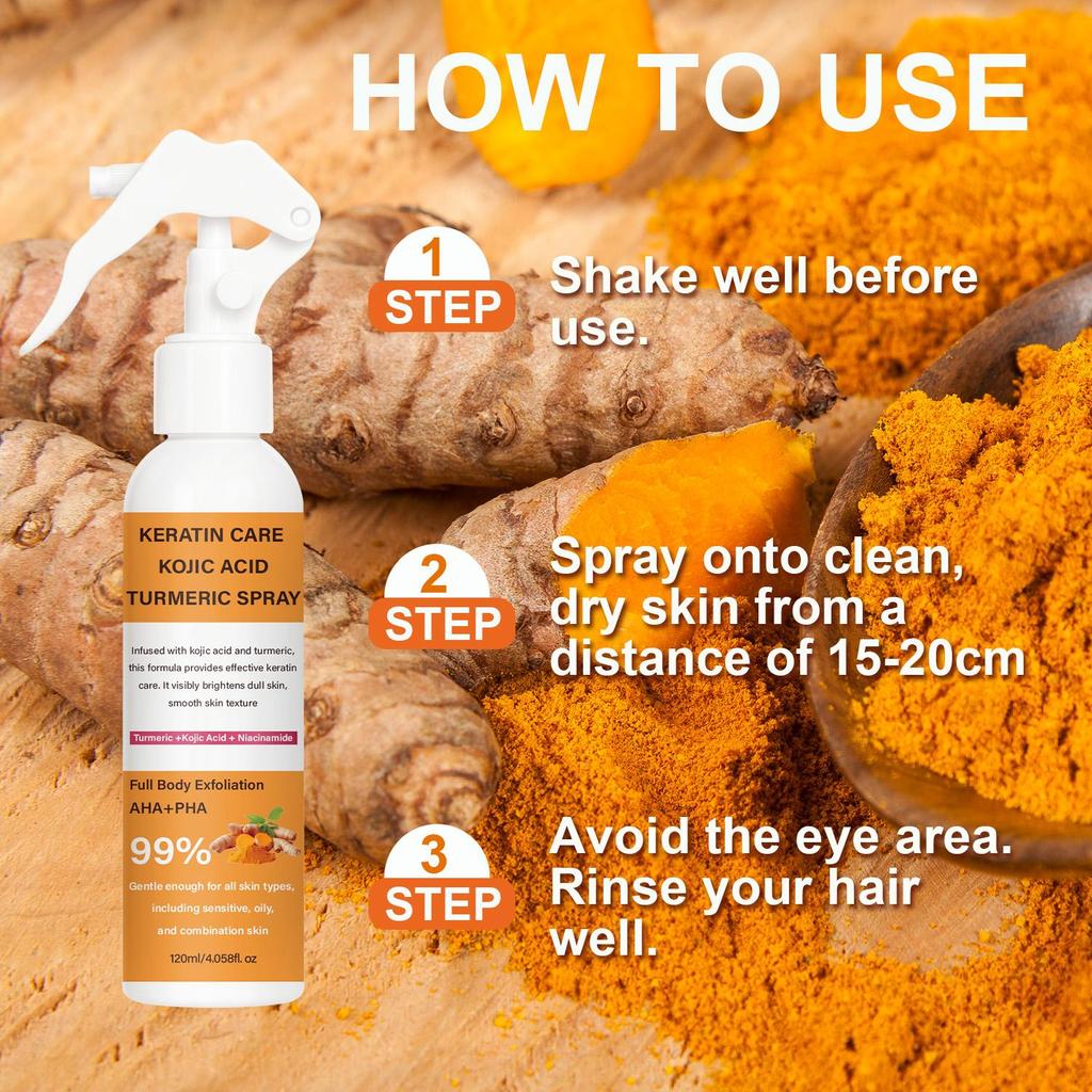 СПРЕЙ ДЛЯ УХОДА ЗА КЕРАТИНОМ С КОЙЕВОЙ КИСЛОТОЙ И КУРКУМОЙ-Отшелушивает И Очищает Кожу-Осветляет Тусклую Кожу-Достаточно Мягкий Для Всех Типов Кожи, 120мл