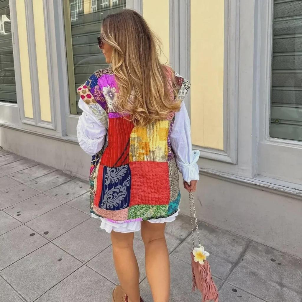 Женская куртка-жилет с принтом в европейском и американском стиле, осень 2023 г. - короткий рукав