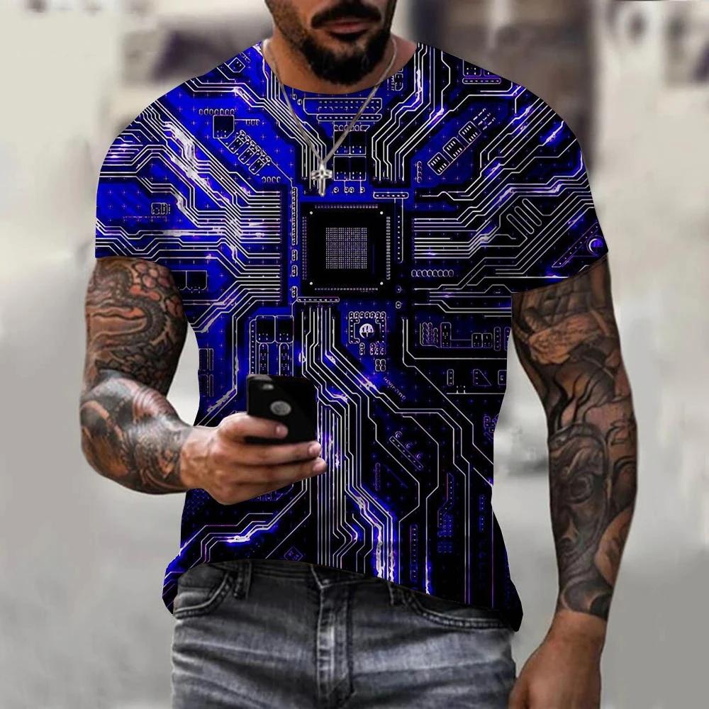 2024 Newest Circuit Board Pattern 3D Print Summer Men's T-shirt Creative Casual Electronic Chip Short Sleeve Harajuku Street Top