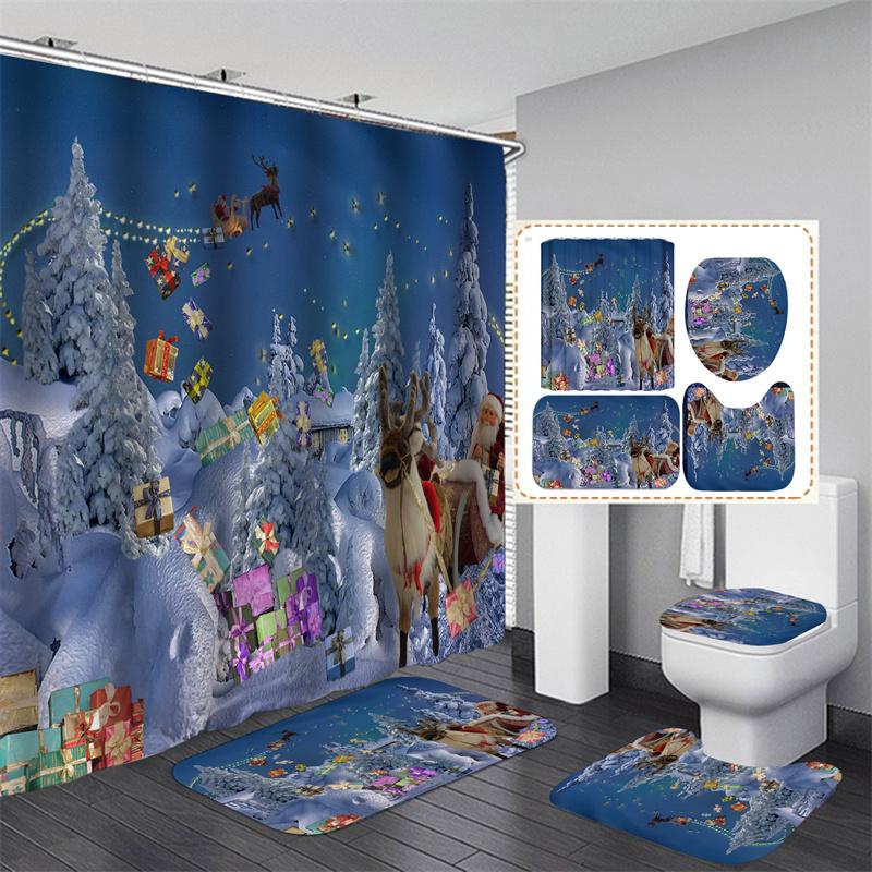 Санта Рождественский комплект занавесок для душа Коврик для ванной Противоскользящий коврик Перегородка для ванной комнаты Водонепроницаемый Декор для дома Cortinas Para BañO