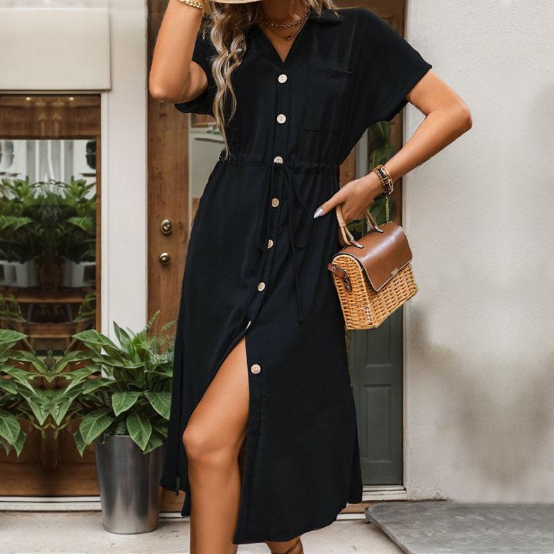 Women's Fashion Summer Spring Solid Color Print Short Sleeve POLO Neck Middle Waistline Casual Dresses