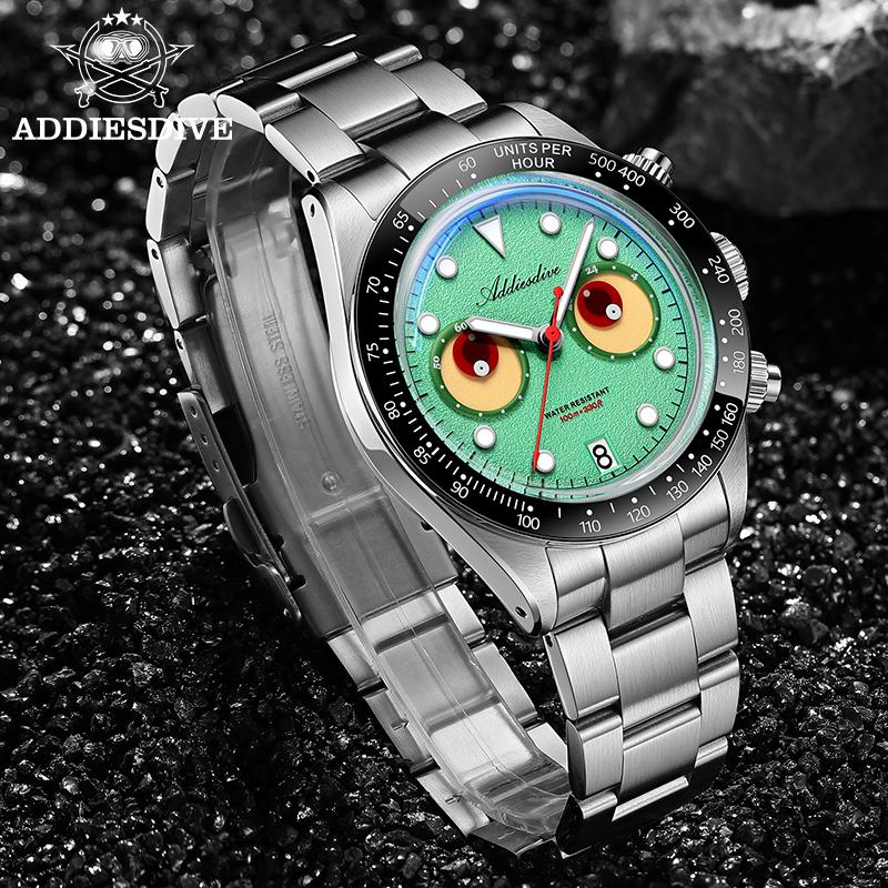 ADDIESDIVE Men Chronograph Watch AD2557 BGW9 Super Luminous Eye Dial 100m Waterproof 316L Stainless Steel Quartz Watch