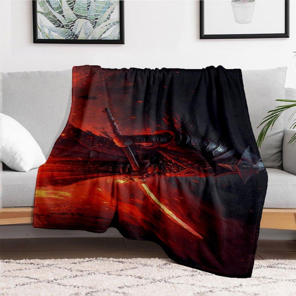"Flaming Blade Warrior Fantasy Art Print"Blanket Flannel Throw Blanket for Sofa, Bed, Travel, Camping, Office, Couch, Chair, And Bed Gift fo