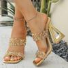 Fashion Super High Heels Gold Sequined Sandals Women Strange Heeled Summer Fashion Square Toe Slides Woman Party Wedding Gladiator Shoes