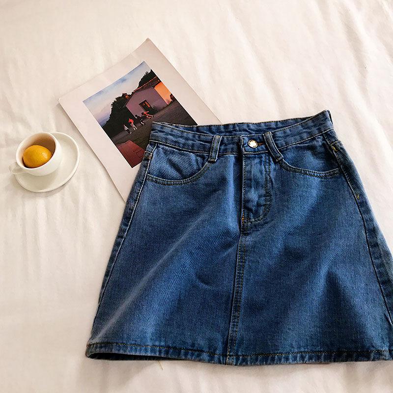 Женская летняя универсальная джинсовая полуюбка с высокой талией, корейская версия студенческой простой однотонной короткой юбки трапециевидной формы на бедрах