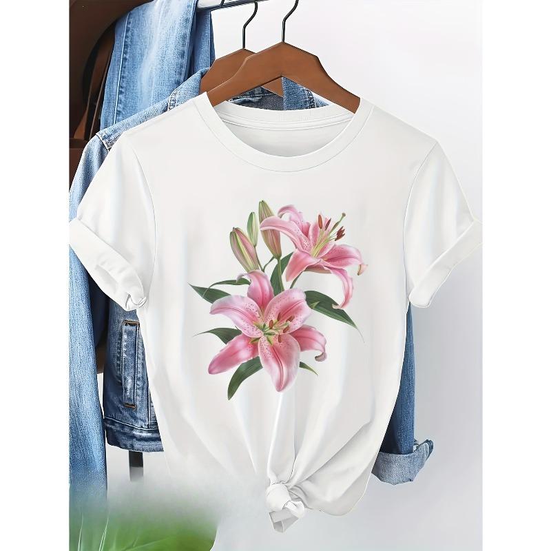 Европейские размеры Женская футболка с элегантным цветочным принтом - Черная повседневная футболка с коротким рукавом с розовыми лилиями и зелеными листьями