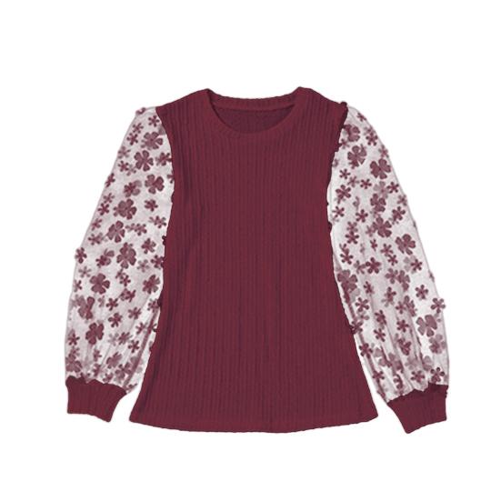 Women Spring Summer Pullover Tops O-neck Flower Decor Mesh Sleeve Chiffon Tops Solid Color Slim Fit Breathable Blouse