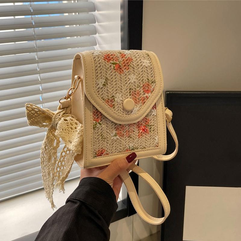 Women Fashion Ladies Bag Simple Floral Straw Messenger Bag Lightweight Crossbody Bag for Summer Beach Holiday AVE