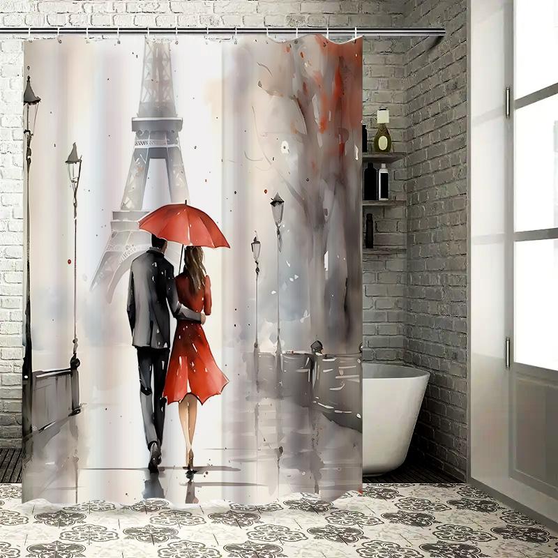 Romantic Paris Eiffel Tower Couple Under Red Umbrella Waterproof Shower Curtain For Bathroom Decor Waterproof Polyester