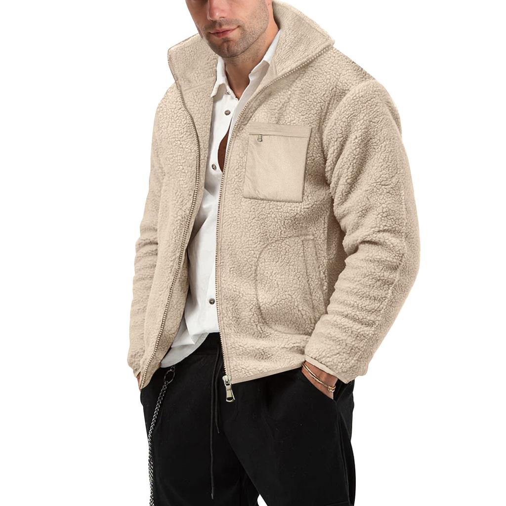 Men's Winter Solid Color Zipper Stand Collar Jacket Men's Casual Fleece Jacket