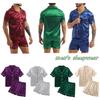 Men 2Pcs Silky Satin Pajamas Set Button Down Shirt Top with Boxer Shorts for Sleepwear Loungewear