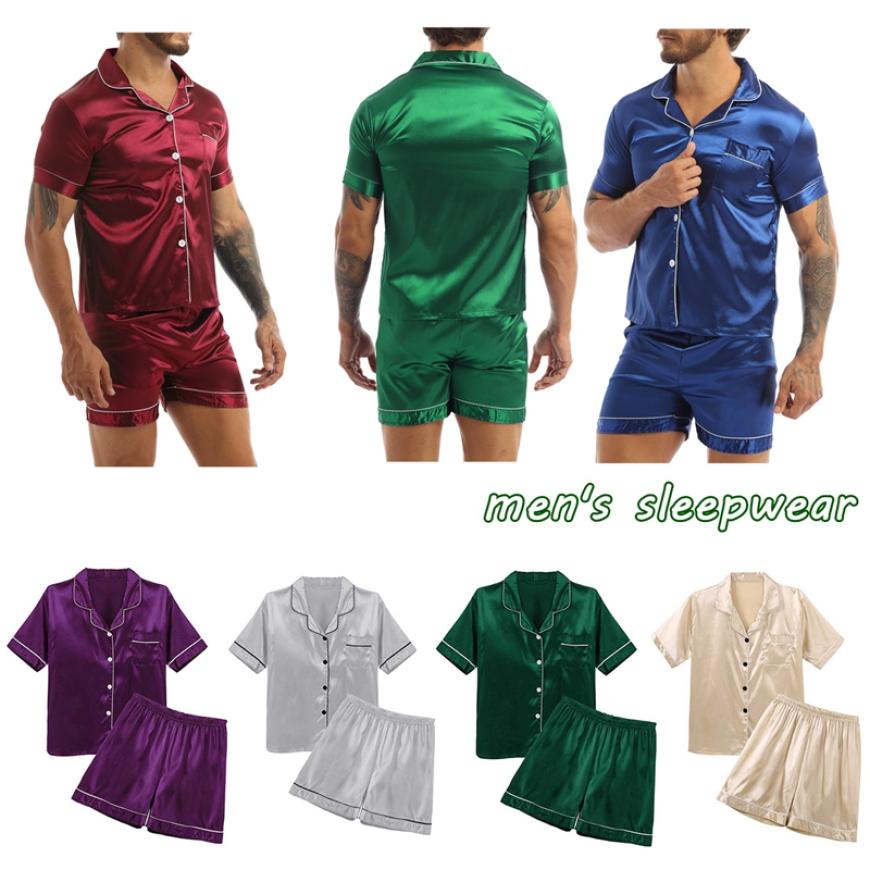 Men 2Pcs Silky Satin Pajamas Set Button Down Shirt Top with Boxer Shorts for Sleepwear Loungewear